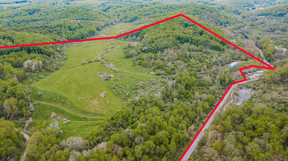 Aerial view of the road frontage with approximate property lines